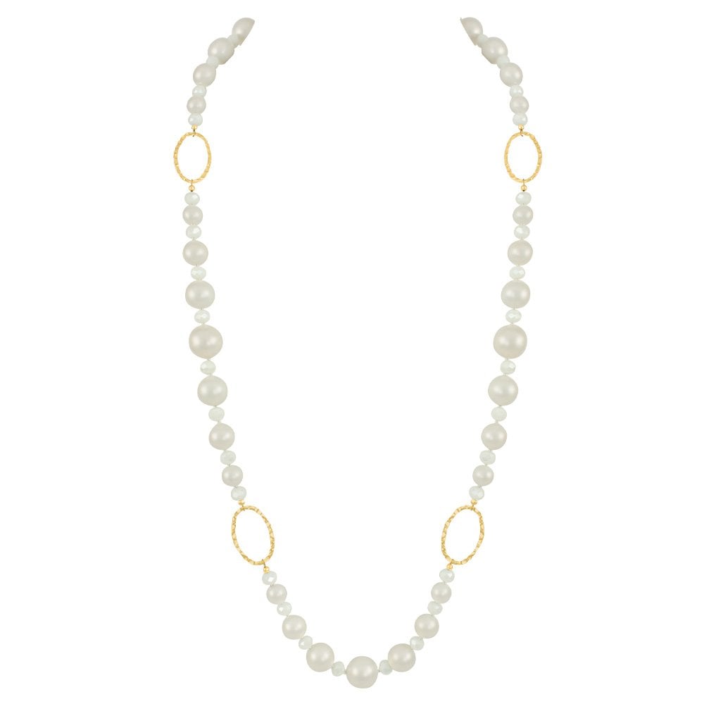Triumphant White Shell Pearl and Crystal Gold Tone Long Pearl Statement Necklace