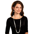 Triumphant White Shell Pearl and Crystal Gold Tone Long Pearl Statement Necklace