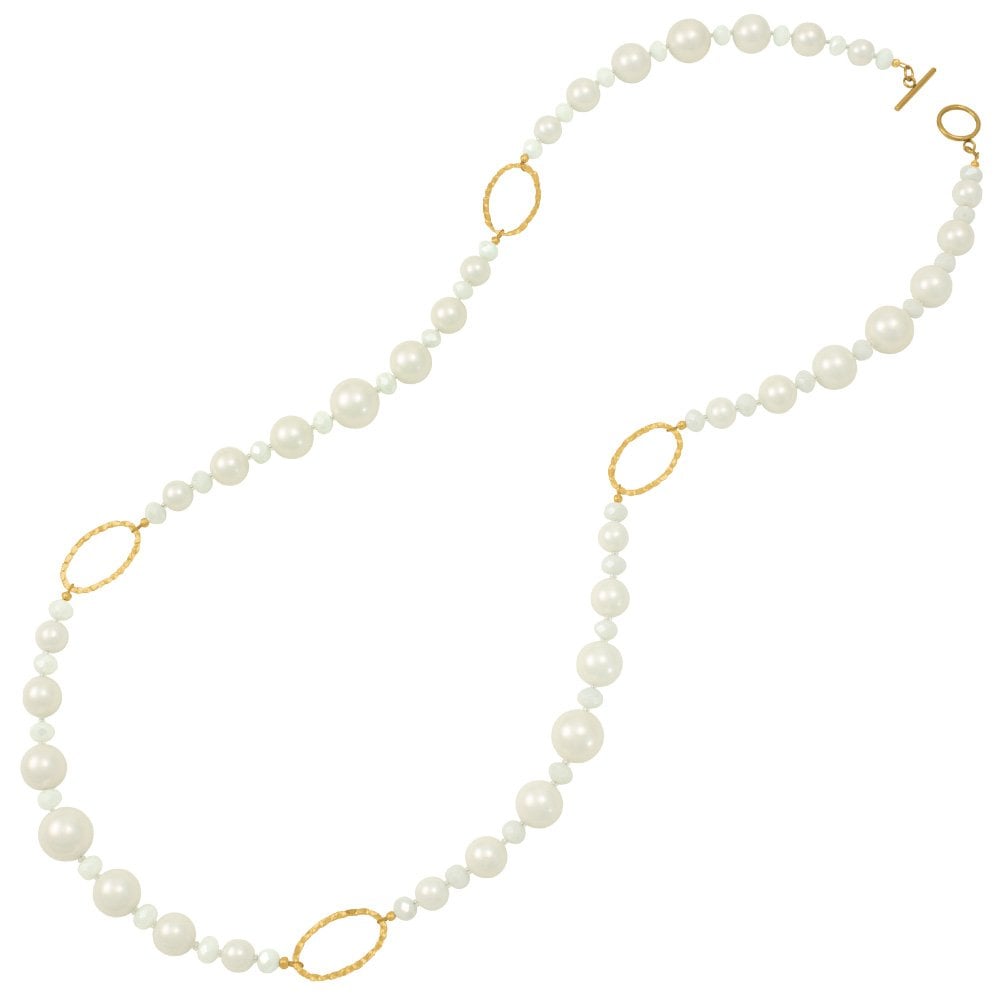 Triumphant White Shell Pearl and Crystal Gold Tone Long Pearl Statement Necklace