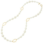 Triumphant White Shell Pearl and Crystal Gold Tone Long Pearl Statement Necklace