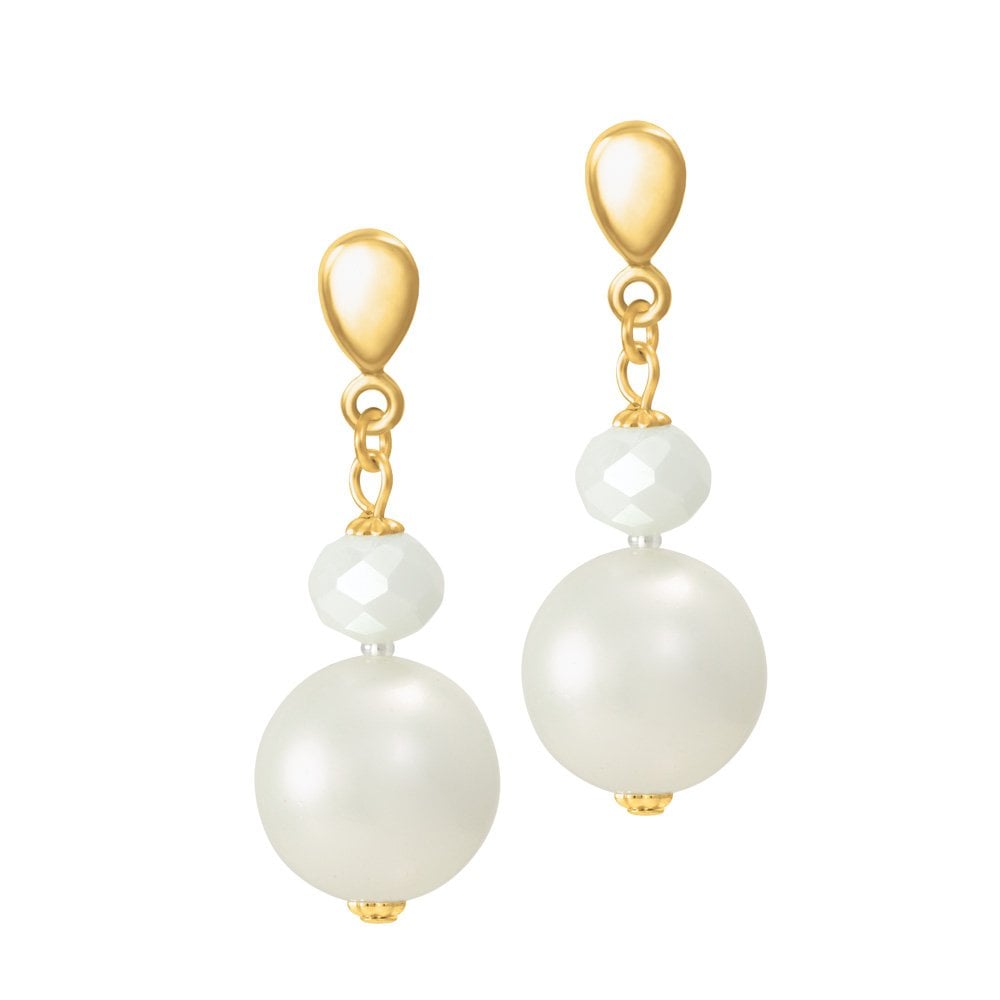 Triumphant Shell Pearl and Crystal Gold Tone Drop Clip On Earrings