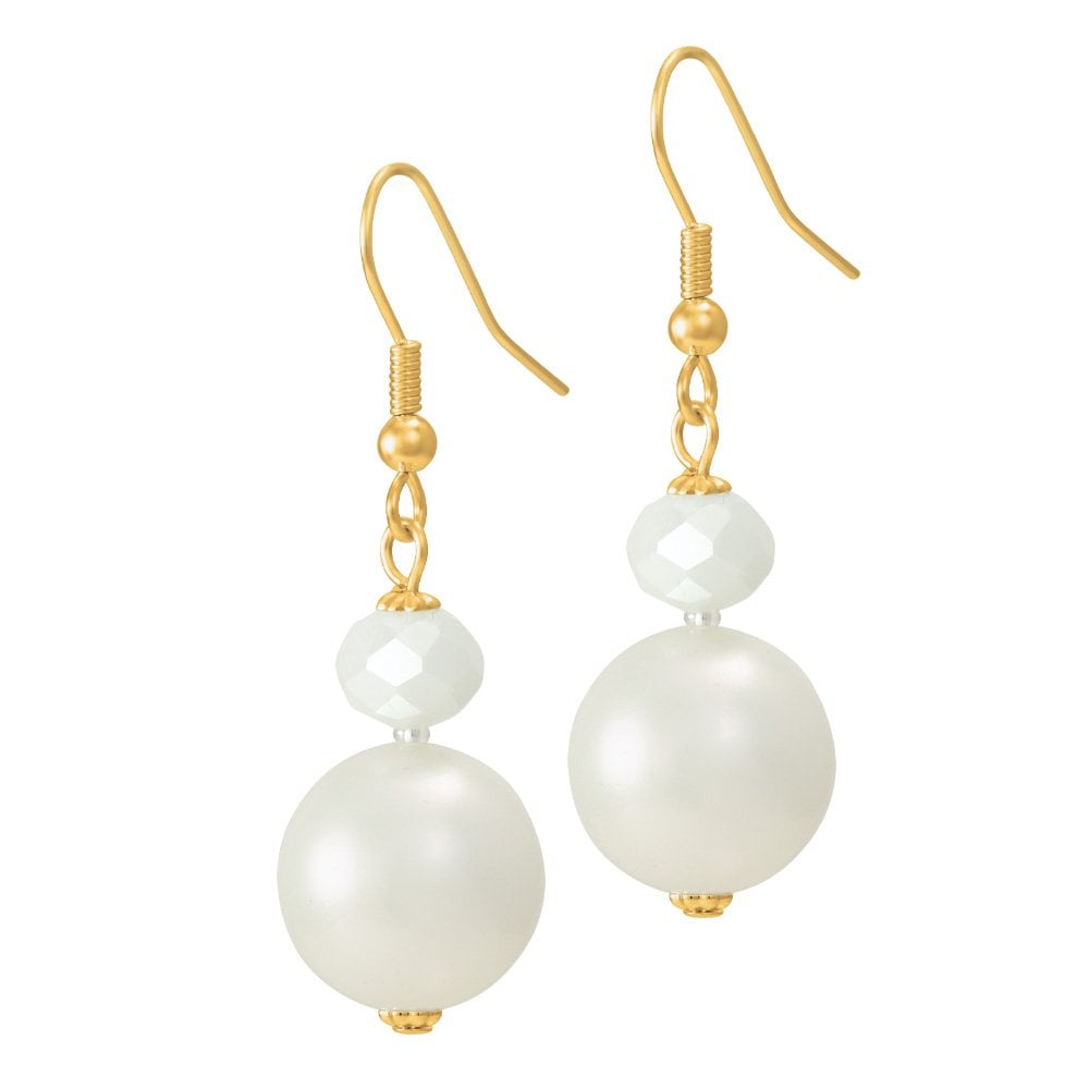 Triumphant Shell Pearl and Crystal Gold Tone Drop Pierced Earrings