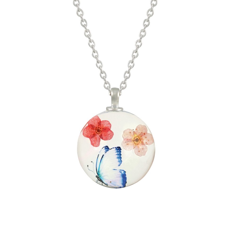 Eden Flower and Butterfly Coral/Blue/Pink Glass Pendant