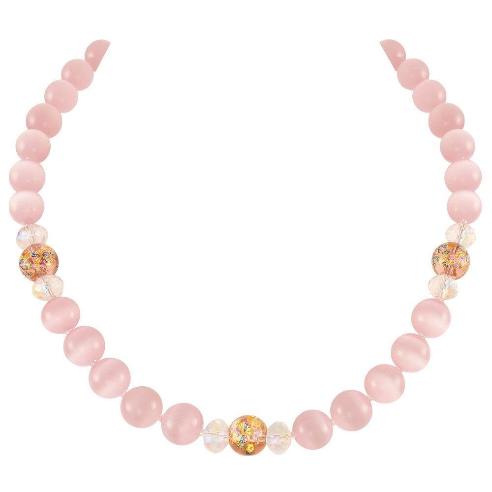 Serene Soft Pink Cats Eye Beaded Silver Tone Statement Necklace