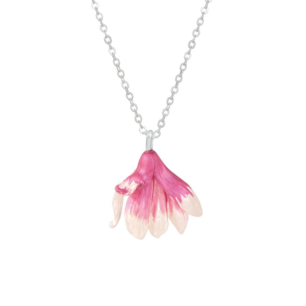 Magnolia Pink and White Enamel Silver Tone Flower Pendant