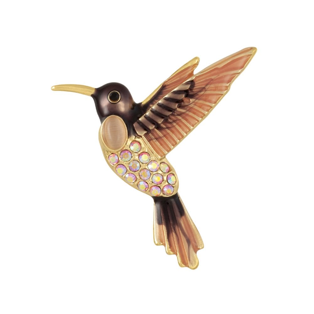 Flight Multi Enamel and Crystal Hummingbird Gold Tone Brooch