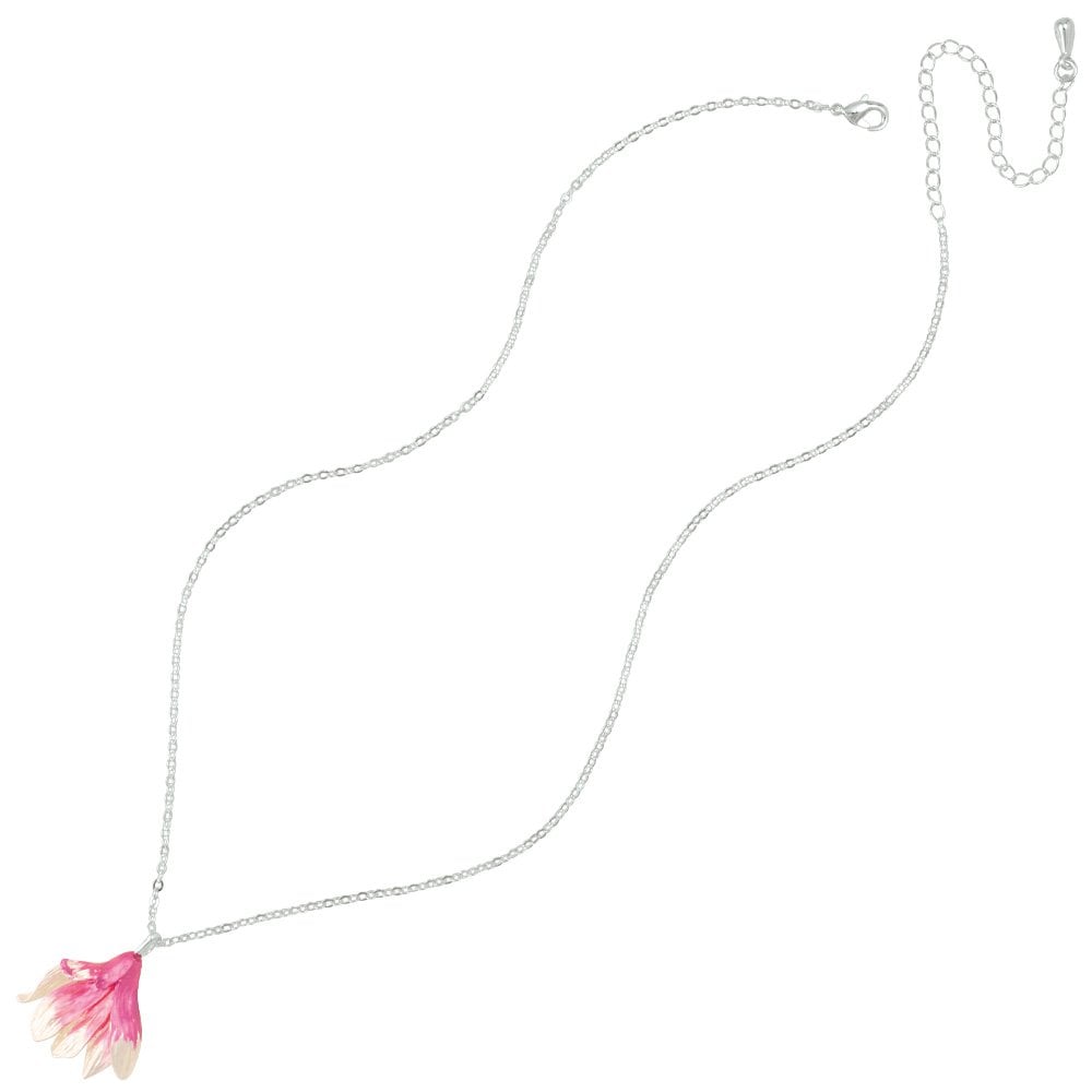 Magnolia Pink and White Enamel Silver Tone Flower Pendant