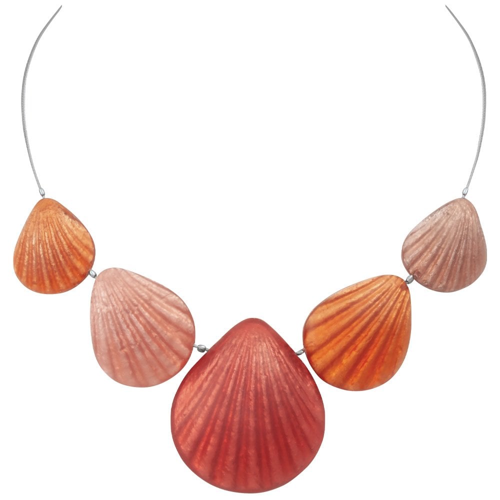 Coastal Shades of Coral Silvered Resin and Steel Statement Seashell Necklace