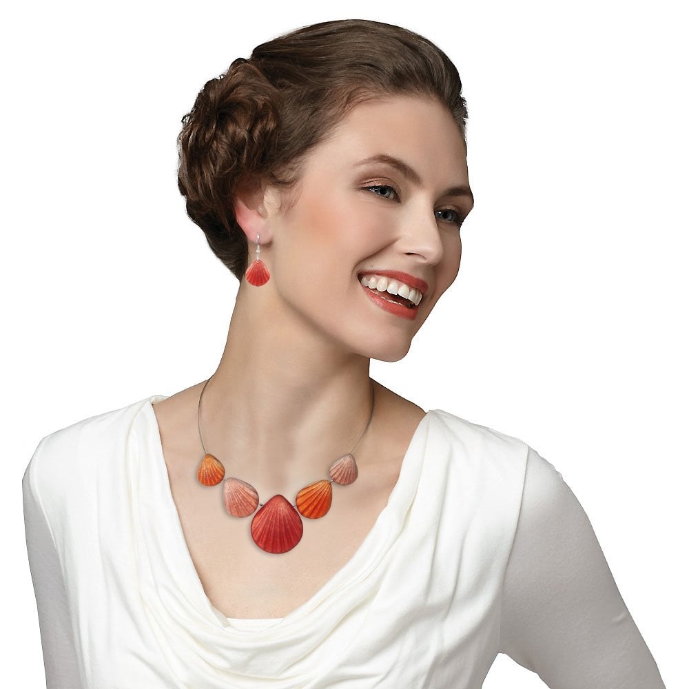 Coastal Shades of Coral Silvered Resin and Steel Statement Seashell Necklace