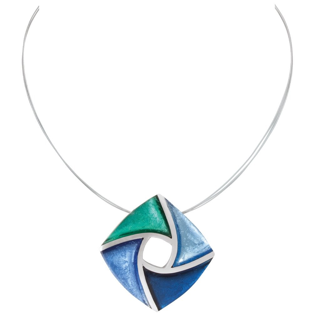 Kite Green and Shades of Blue Silvered Resin and Steel Pendant Necklace