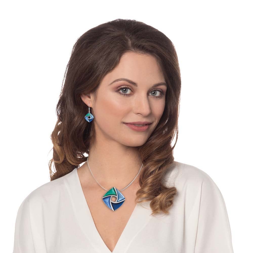 Kite Green and Shades of Blue Silvered Resin and Steel Pendant Necklace