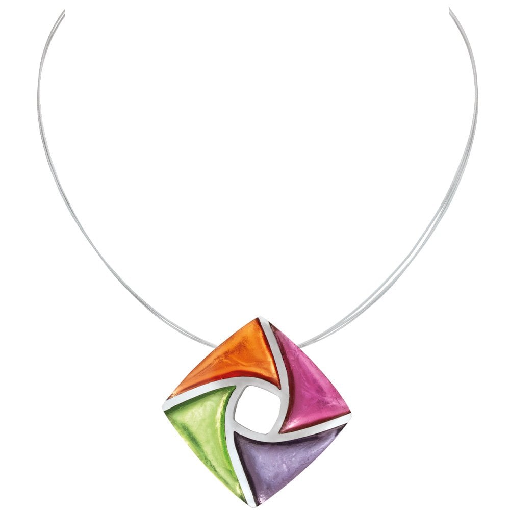 Kite Orange Pink Lilac and Green Silvered Resin and Steel Pendant Necklace