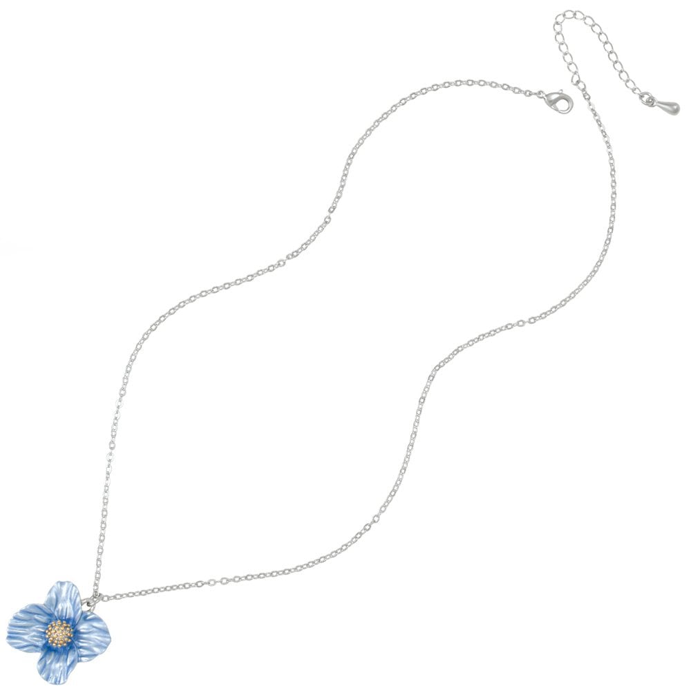 Blue Poppy Enamel Flower Pendant Necklace