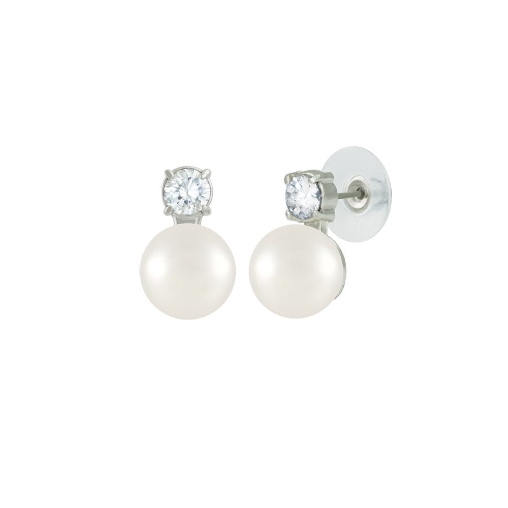 Timeless White Shell Pearl & CZ Silver Tone Stud Pierced Earrings