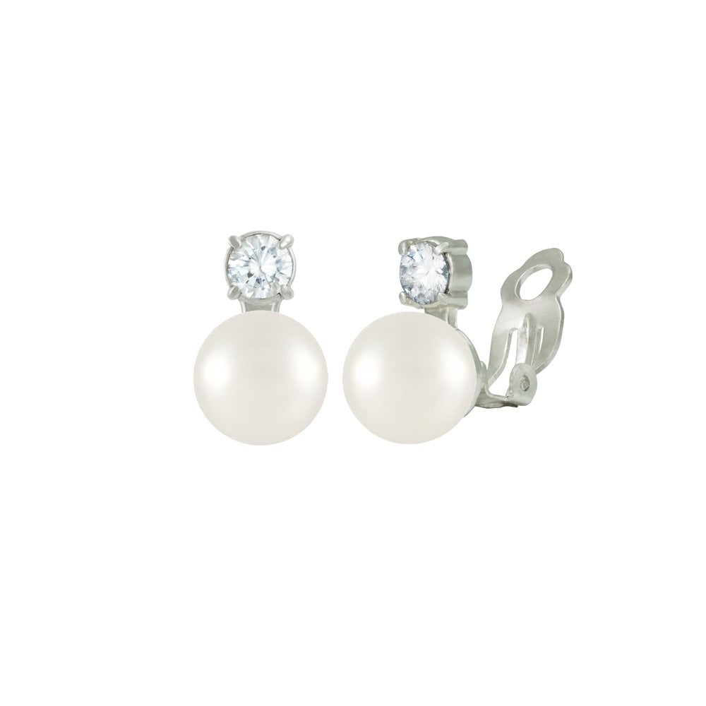 Timeless White Shell Pearl & CZ Silver Tone Stud Clip On Earrings