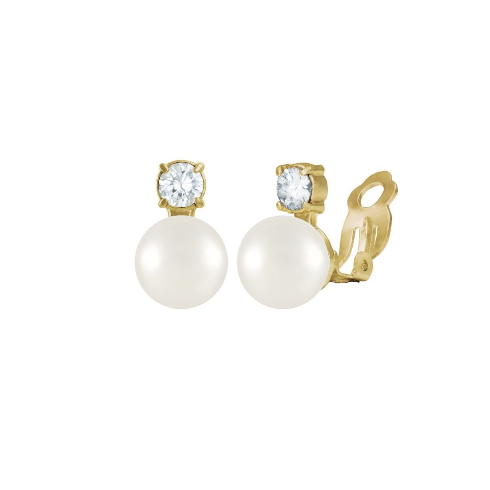 Timeless White Shell Pearl & CZ Gold Tone Stud Clip On Earrings