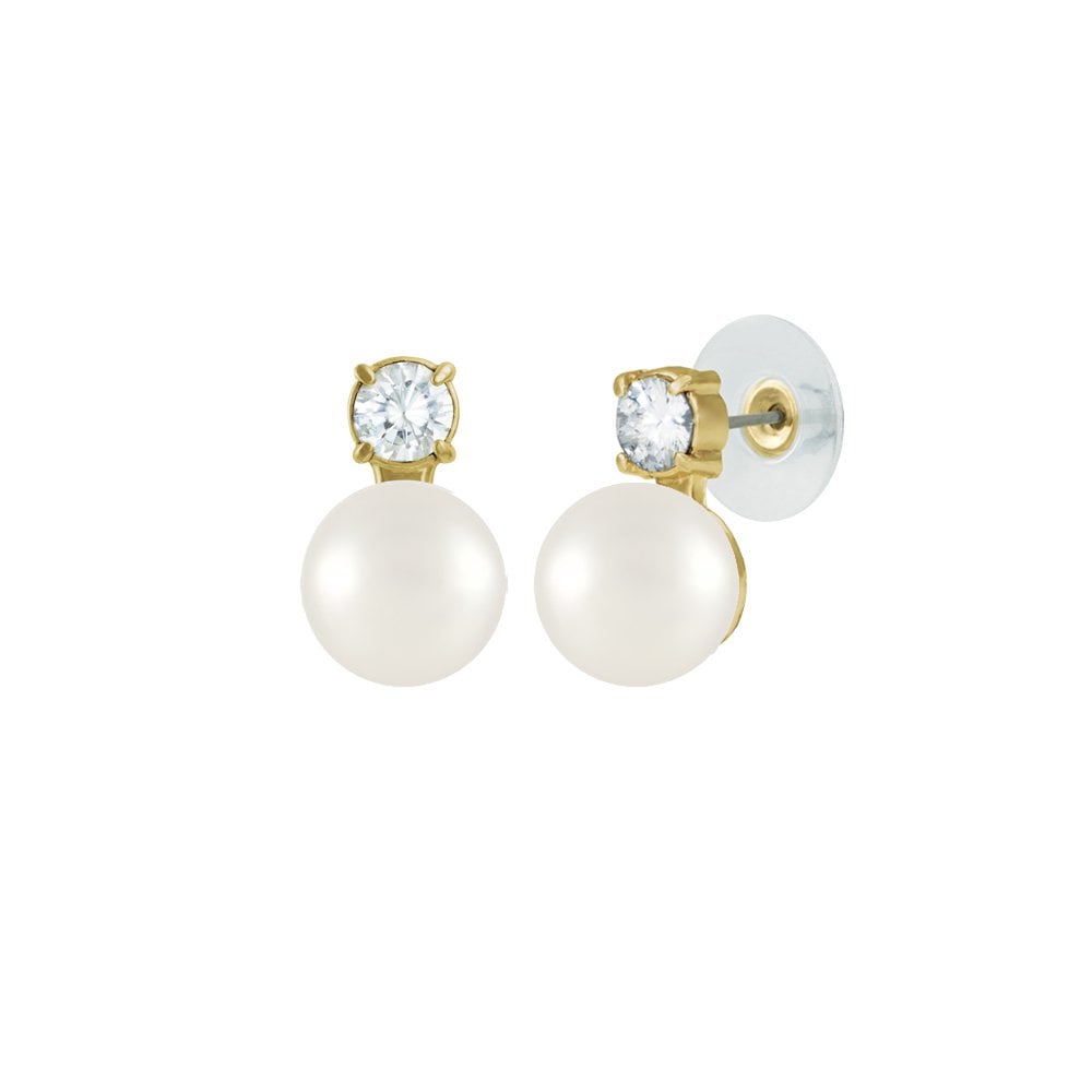 Timeless White Shell Pearl & CZ Gold Tone Stud Pierced Earrings