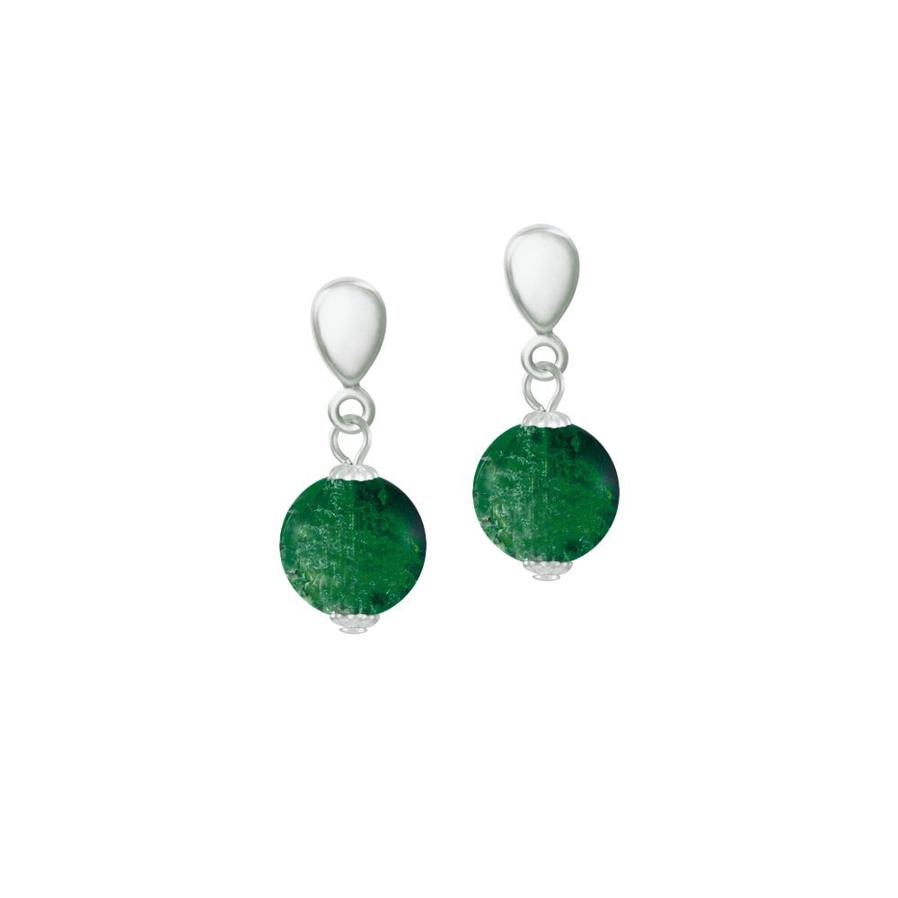 Carnival Green Czech Glass Crackle Bead Silver Tone Drop Clip On Earrings