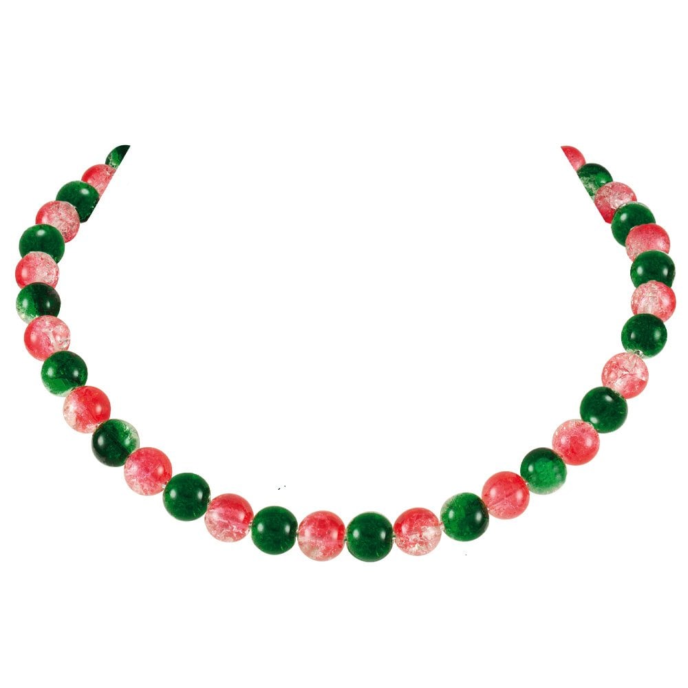 Carnival Red and Green Czech Glass Crackle Bead Silver Tone Necklace