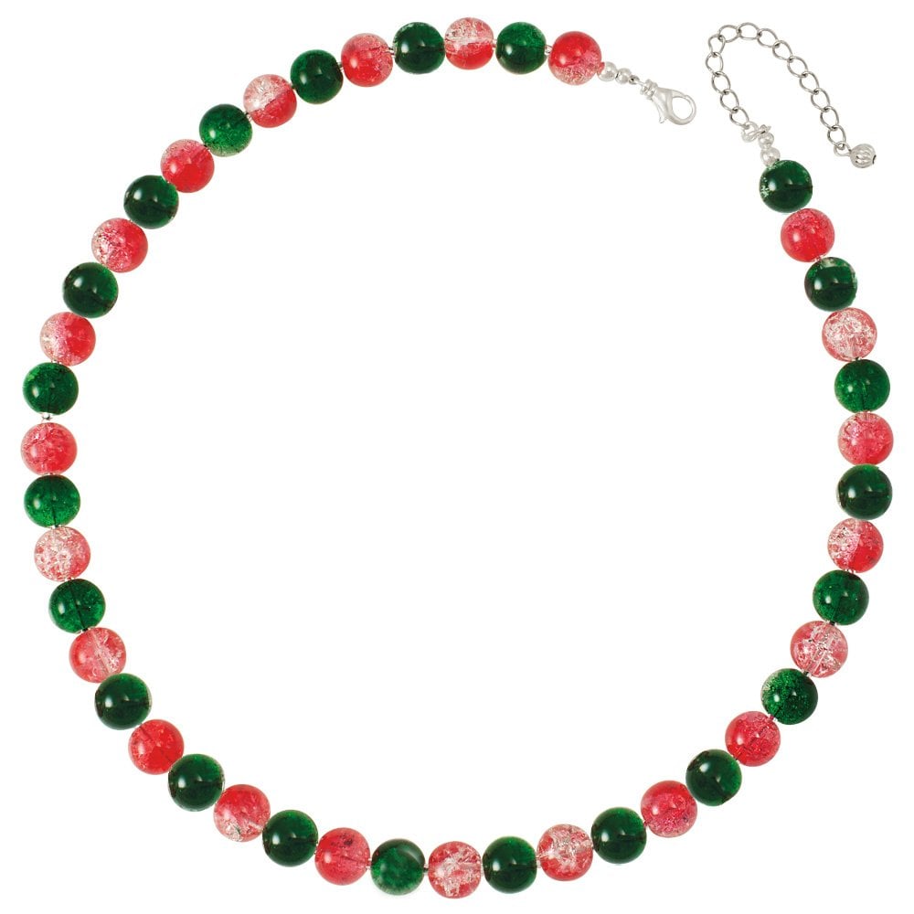 Carnival Red and Green Czech Glass Crackle Bead Silver Tone Necklace