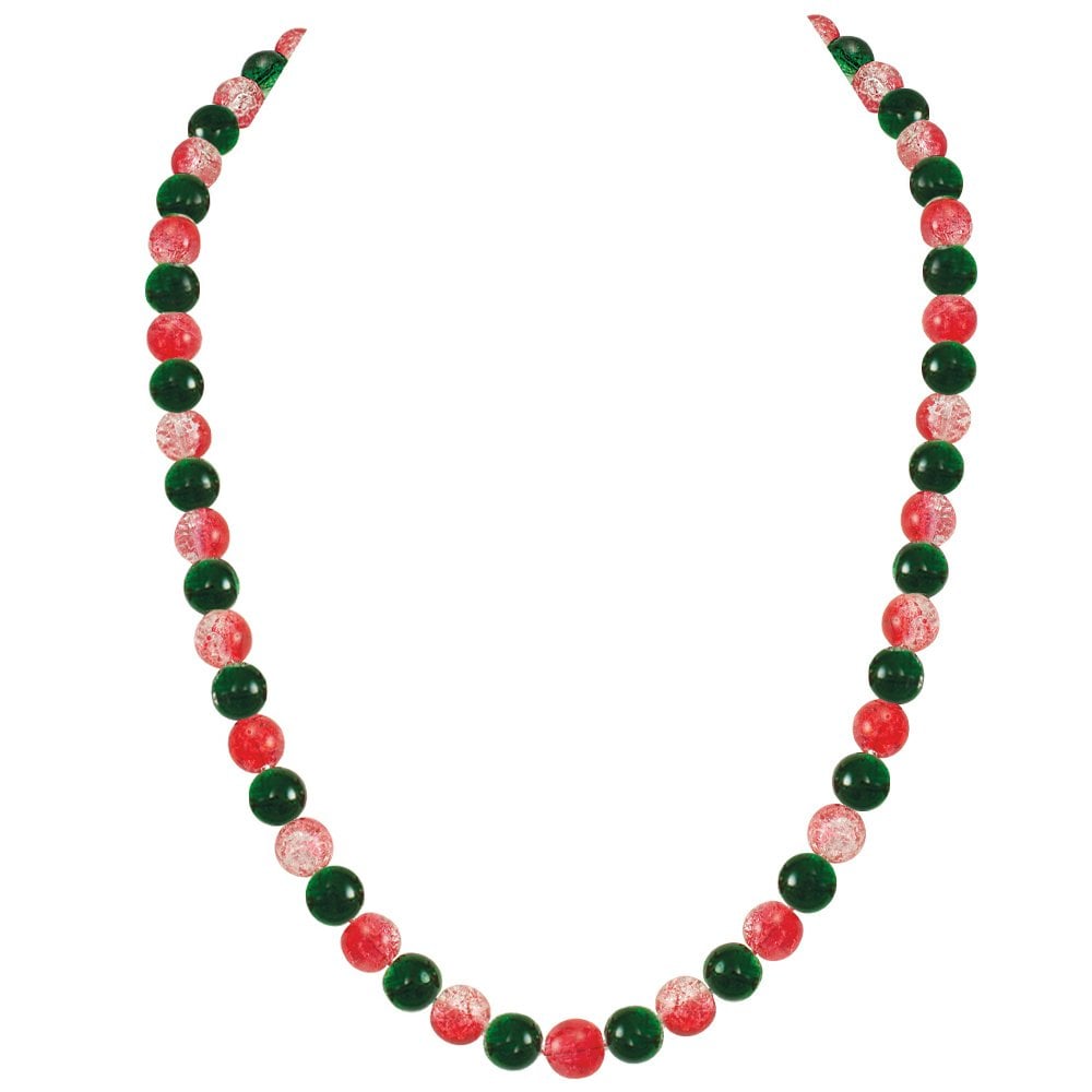 Carnival Red and Green Czech Glass Crackle Bead Silver Tone Long Necklace