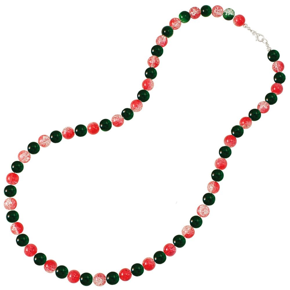 Carnival Red and Green Czech Glass Crackle Bead Silver Tone Long Necklace