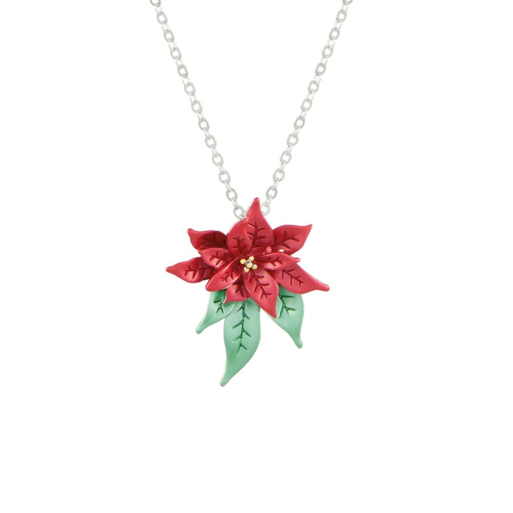 Festive Poinsettia Red and Green Enamel Silver Tone Pendant