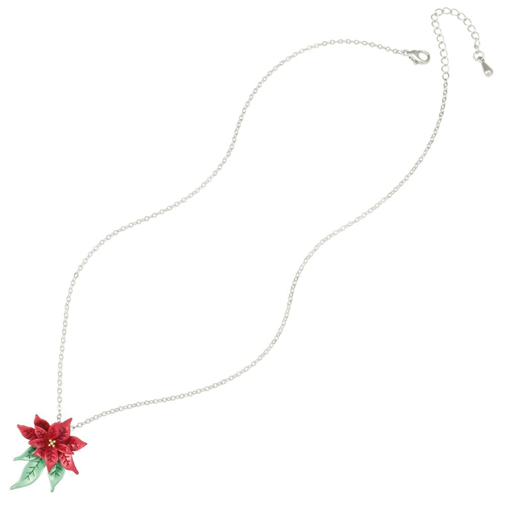 Festive Poinsettia Red and Green Enamel Silver Tone Pendant