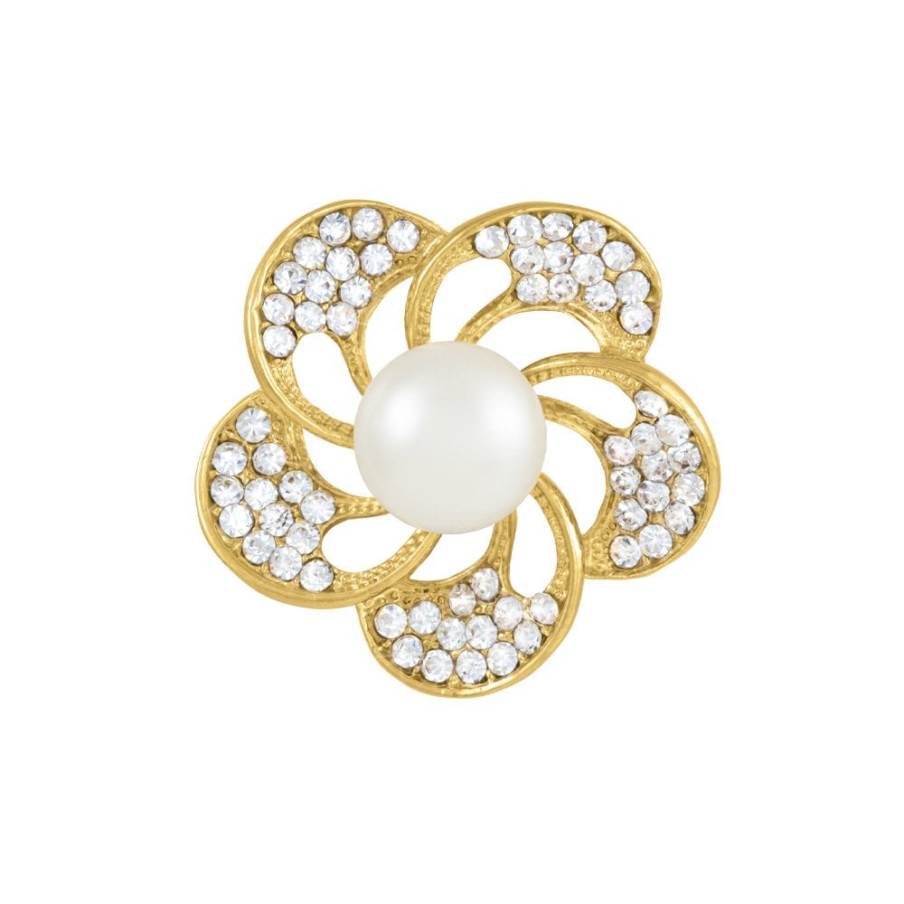 Gentility Clear Crystal and Faux Pearl Gold Tone Scarf Clip