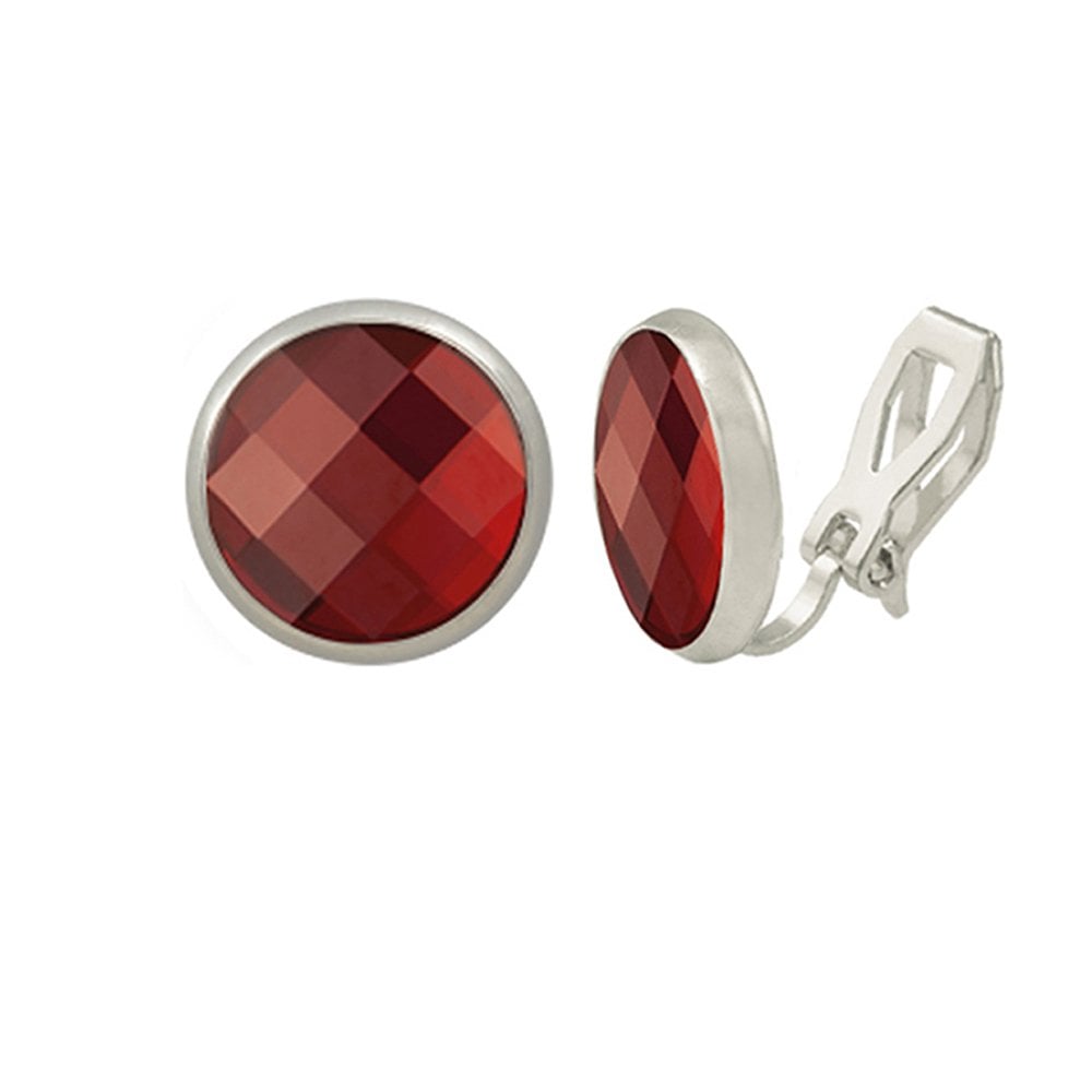 Symphony Red Chessboard Cut Austrian Crystal Silver Tone Stud Clip On Earrings