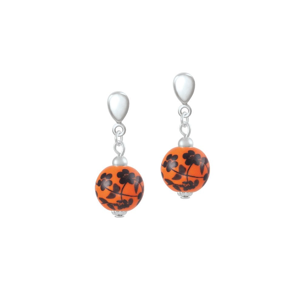 Festival Orange Floral Beaded Silver Tone Drop Clip On Earrings