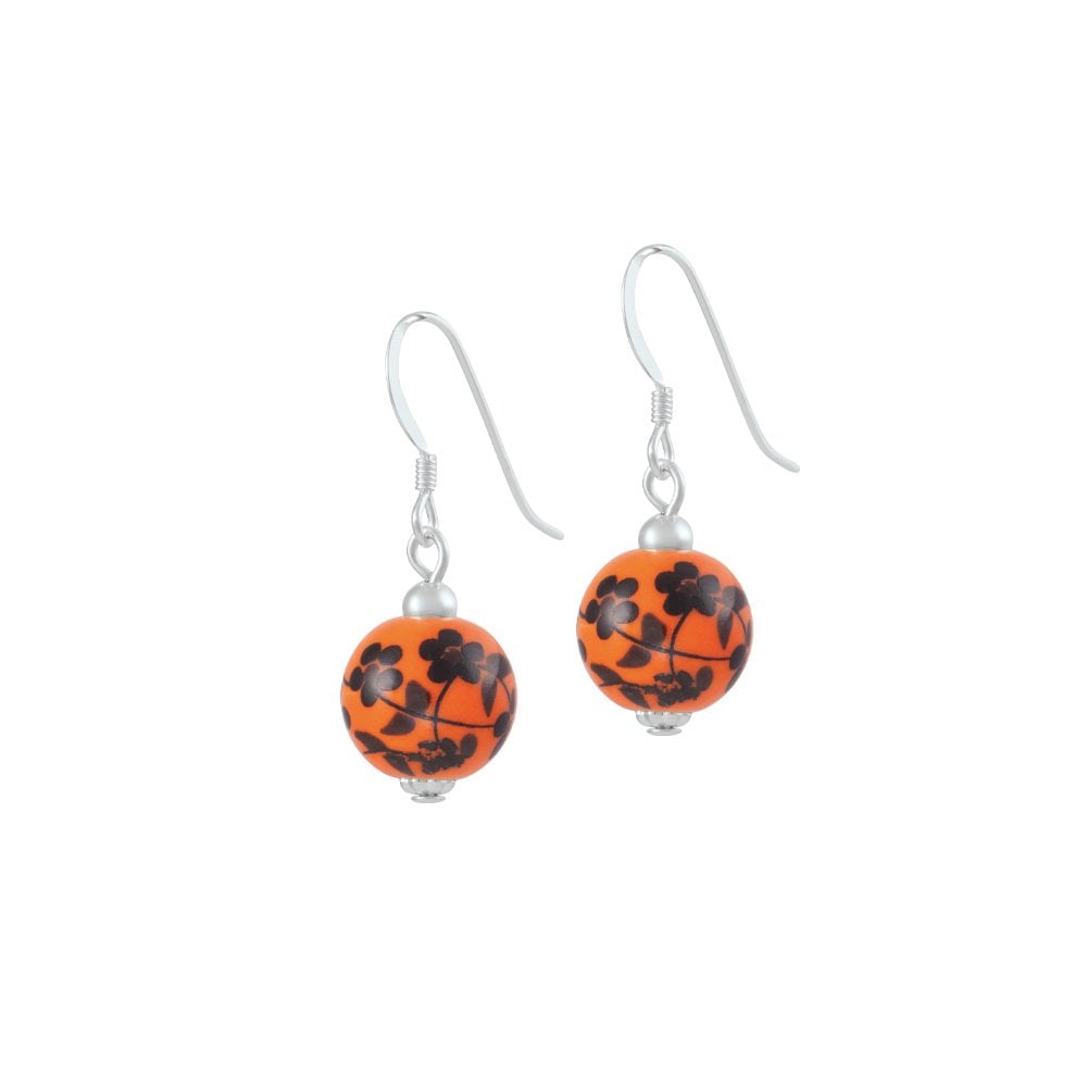 Festival Orange Floral Beaded Silver Tone Drop Pierced Earrings