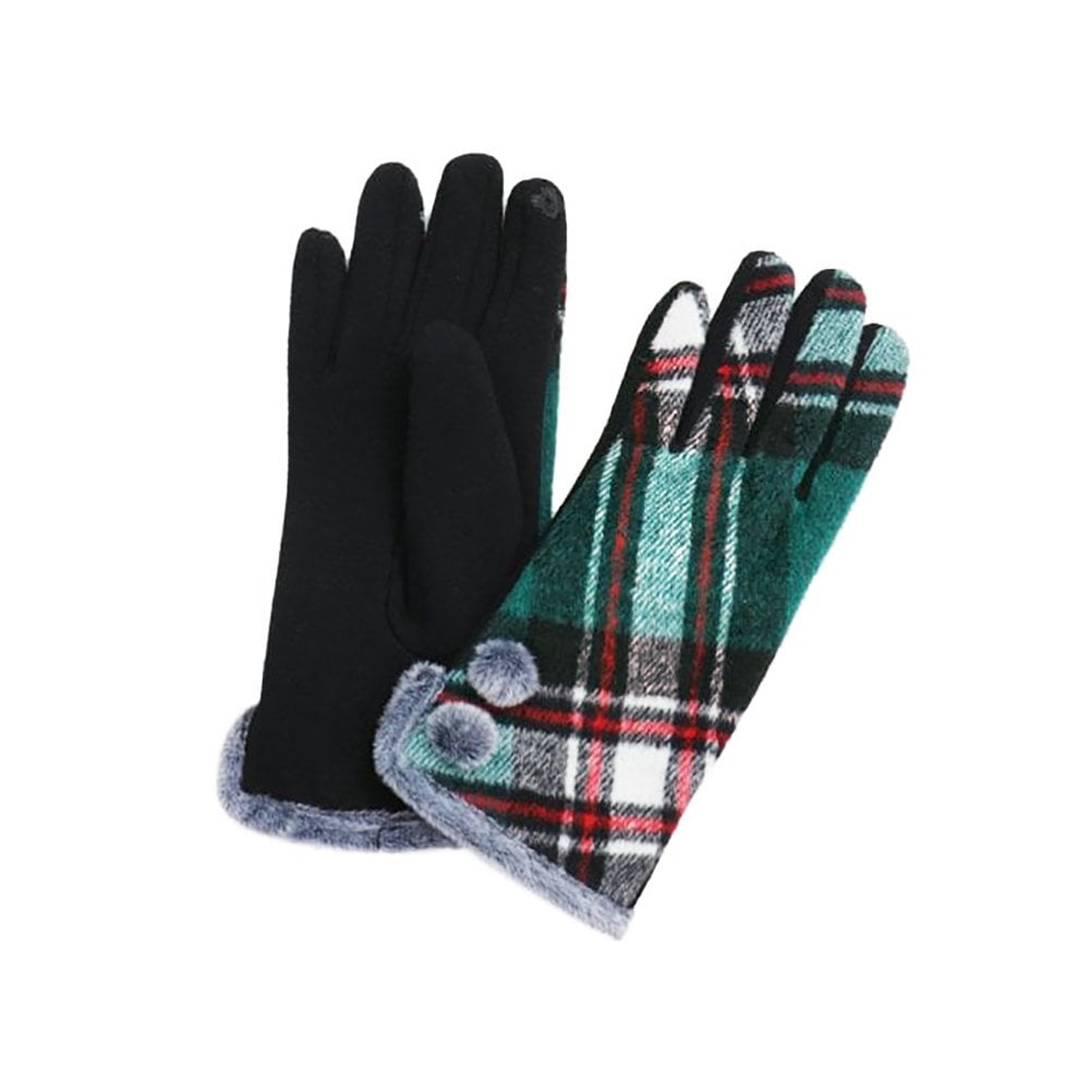 Green Multi Check Faux Fur Ladies Gloves