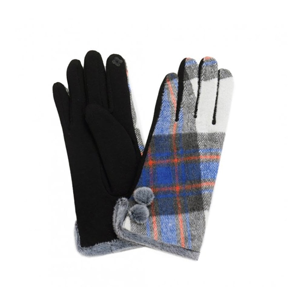 Blue/Grey Multi Check Faux Fur Ladies Gloves