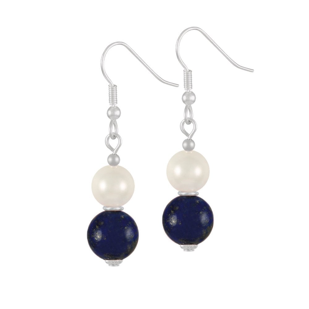 Duet Lapis Lazuli & Shell Pearl Silver Drop Pierced Earrings