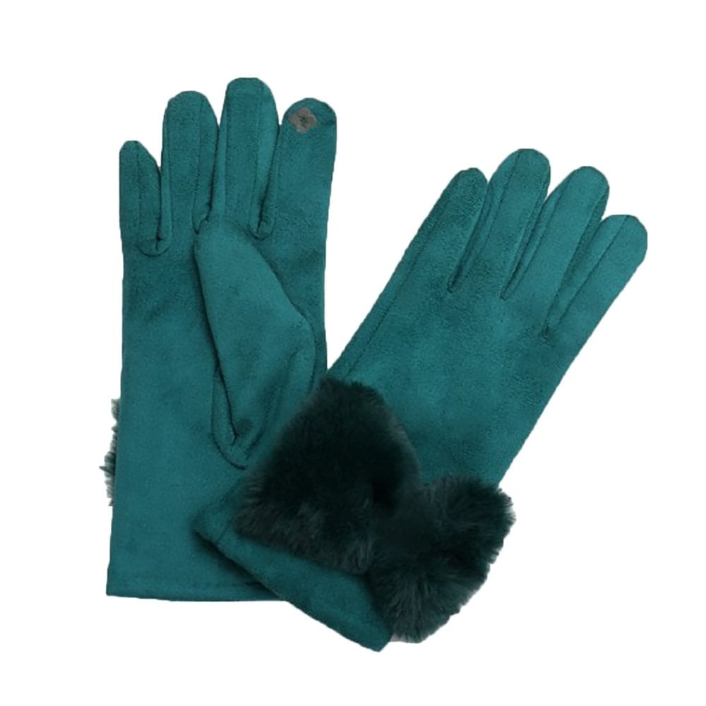 Green Suedette and Faux Fur Ladies Gloves