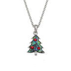 Christmas Tree Red Diamante Paua Shell Silver Tone Pendant Necklace