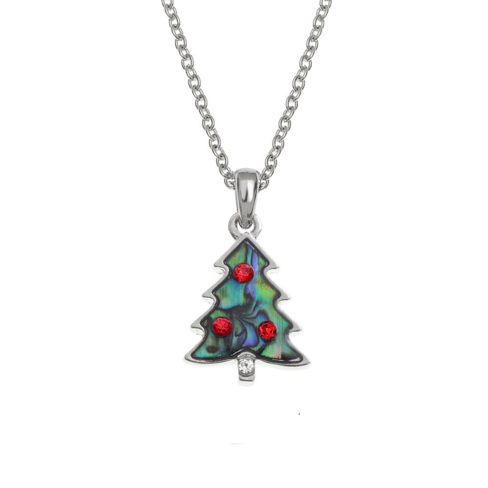 Christmas Tree Red Diamante Paua Shell Silver Tone Pendant Necklace