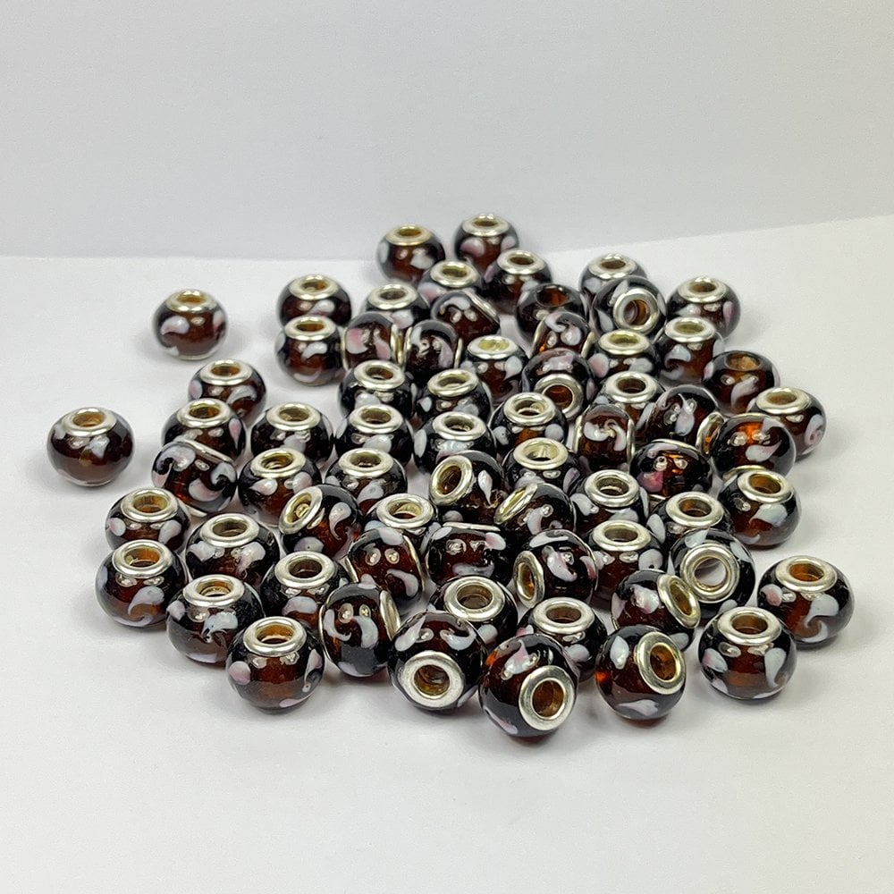 Venetian Lampwork Rondelles - Dark Amber/White 14mm - Pack of 12