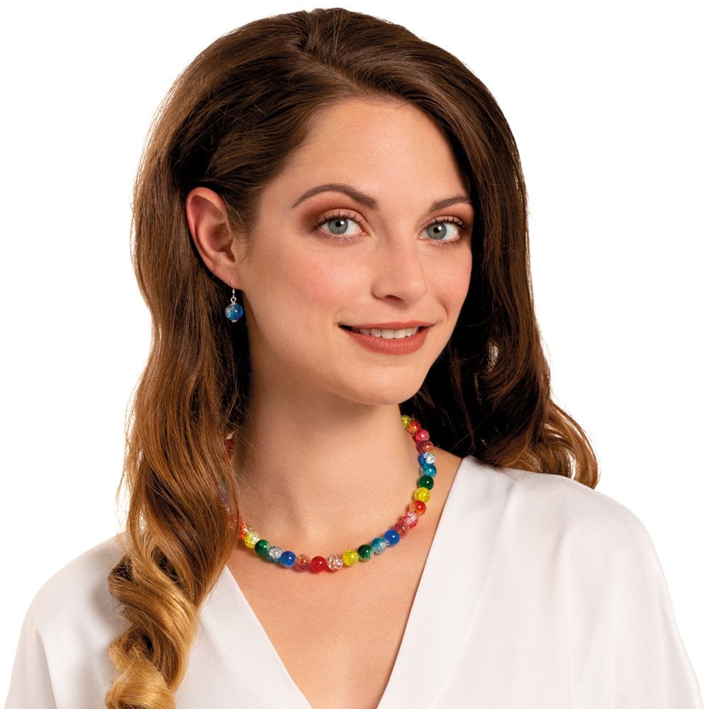 Carnival Rainbow Czech Glass Crackle Bead Silver Tone Necklace