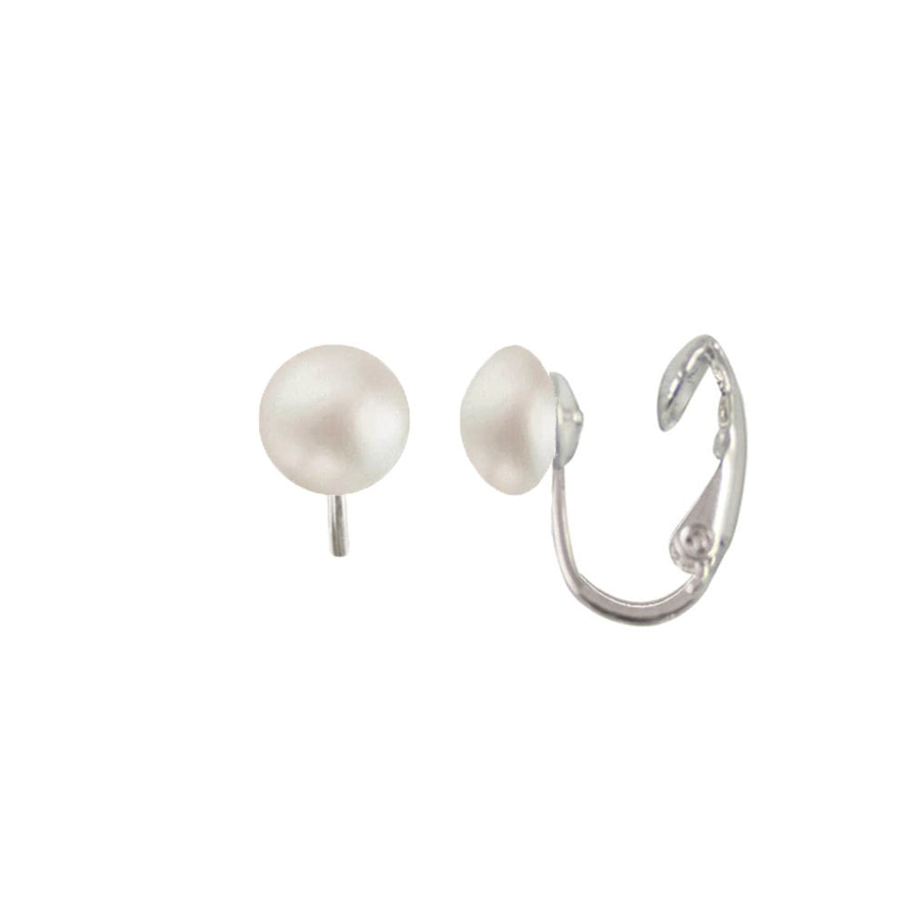 Ethereal 8mm White Austrian Pearl Silver Stud Clip On Earrings