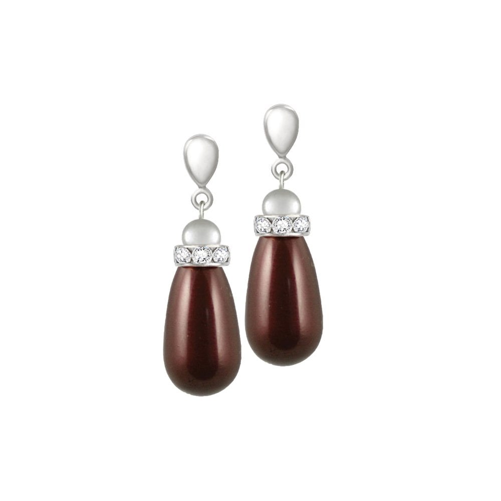 Beaumont Maroon Glass Pearl Teardrop Silver Tone Pierced Earrings