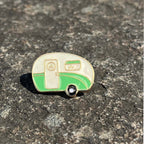 Happy Camper Green and White Enamel Vintage Caravan Lapel Pin Brooch