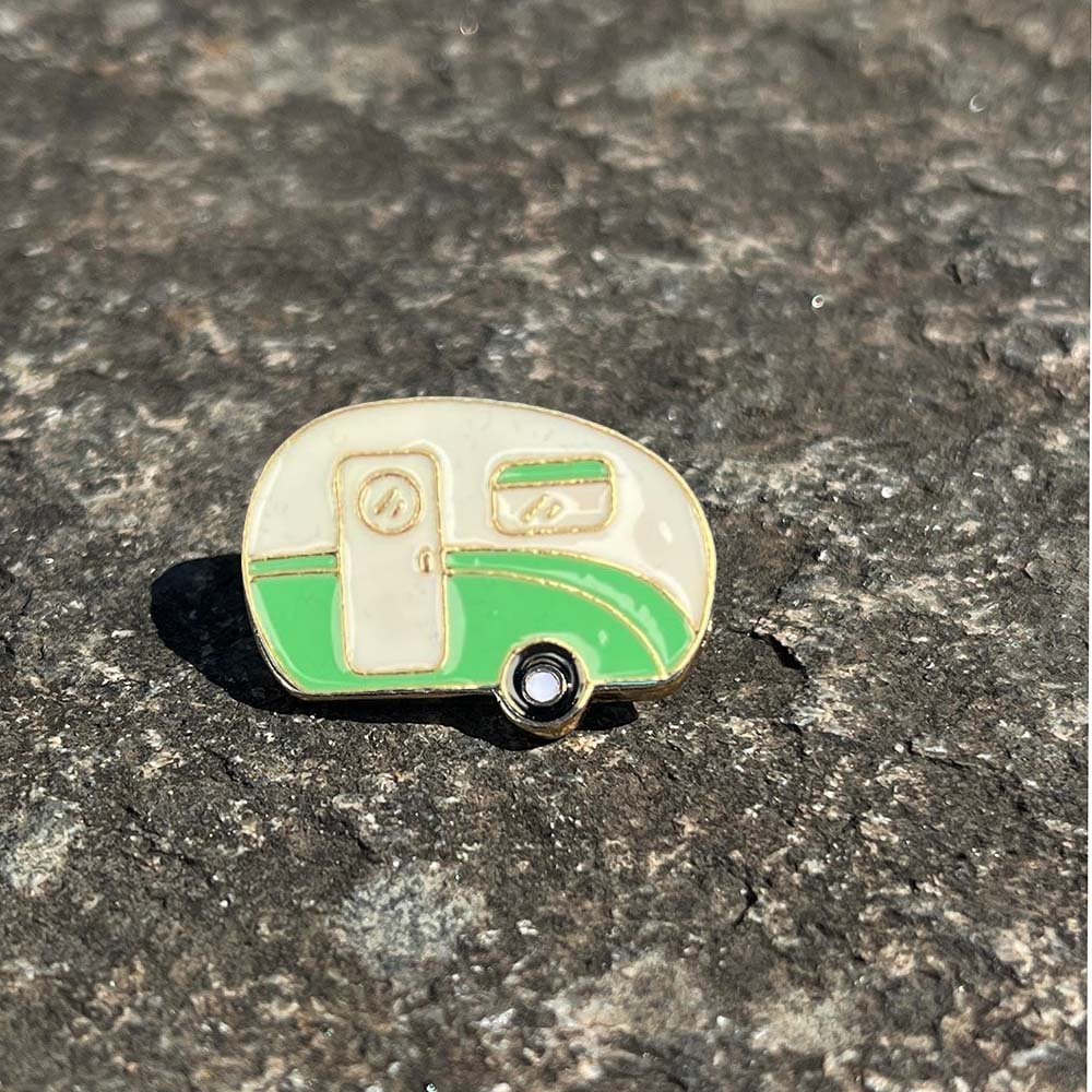 Happy Camper Green and White Enamel Vintage Caravan Lapel Pin Brooch