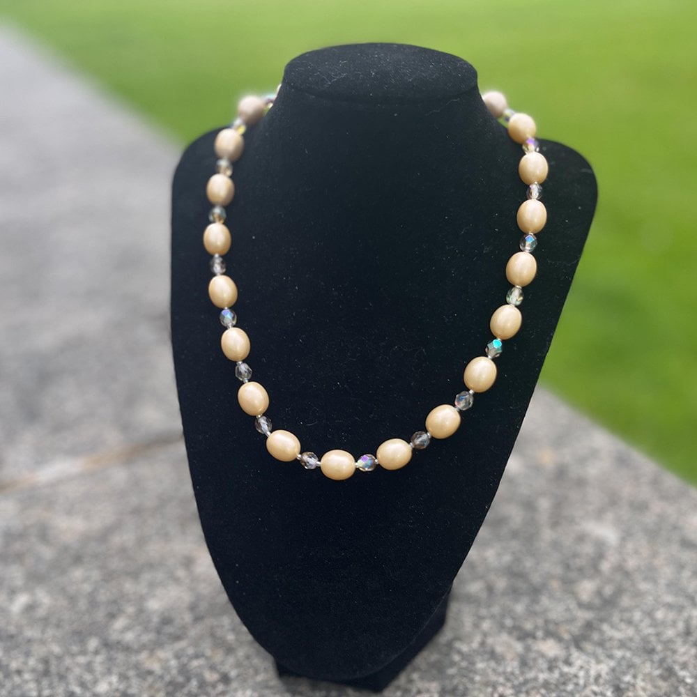 Aurora Hint of Gold Oval Shell Pearl and Crystal Necklace