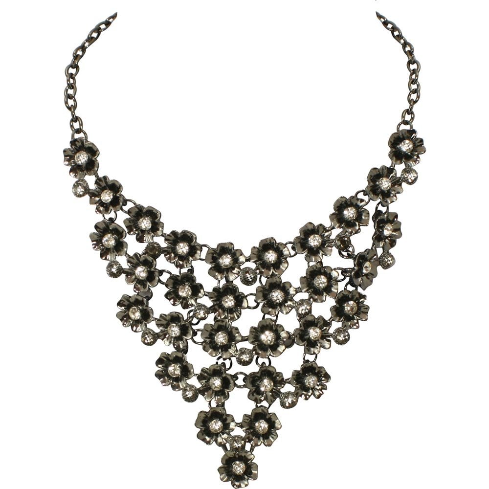 Forget-Me-Not Clear Crystal Antique Silver Tone Fashion Necklace