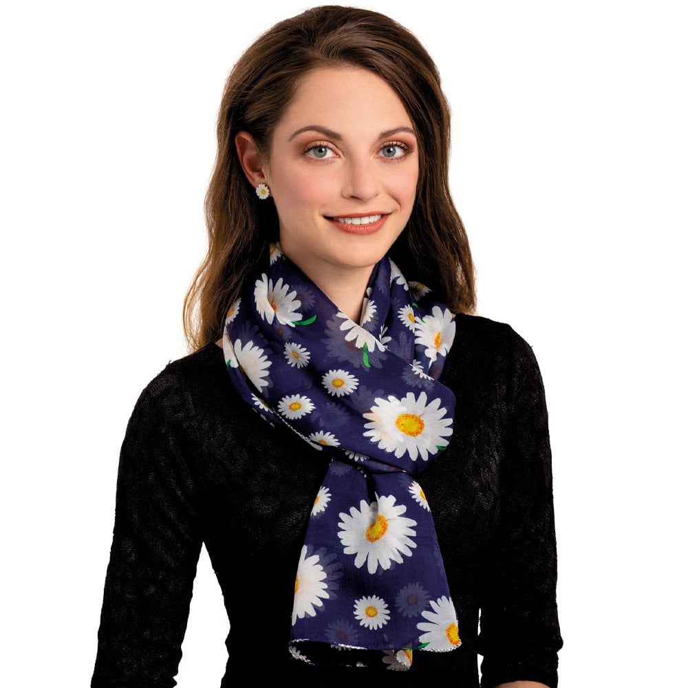 Delightful Daisy White and Navy Multi Coloured Pure Silk Scarf