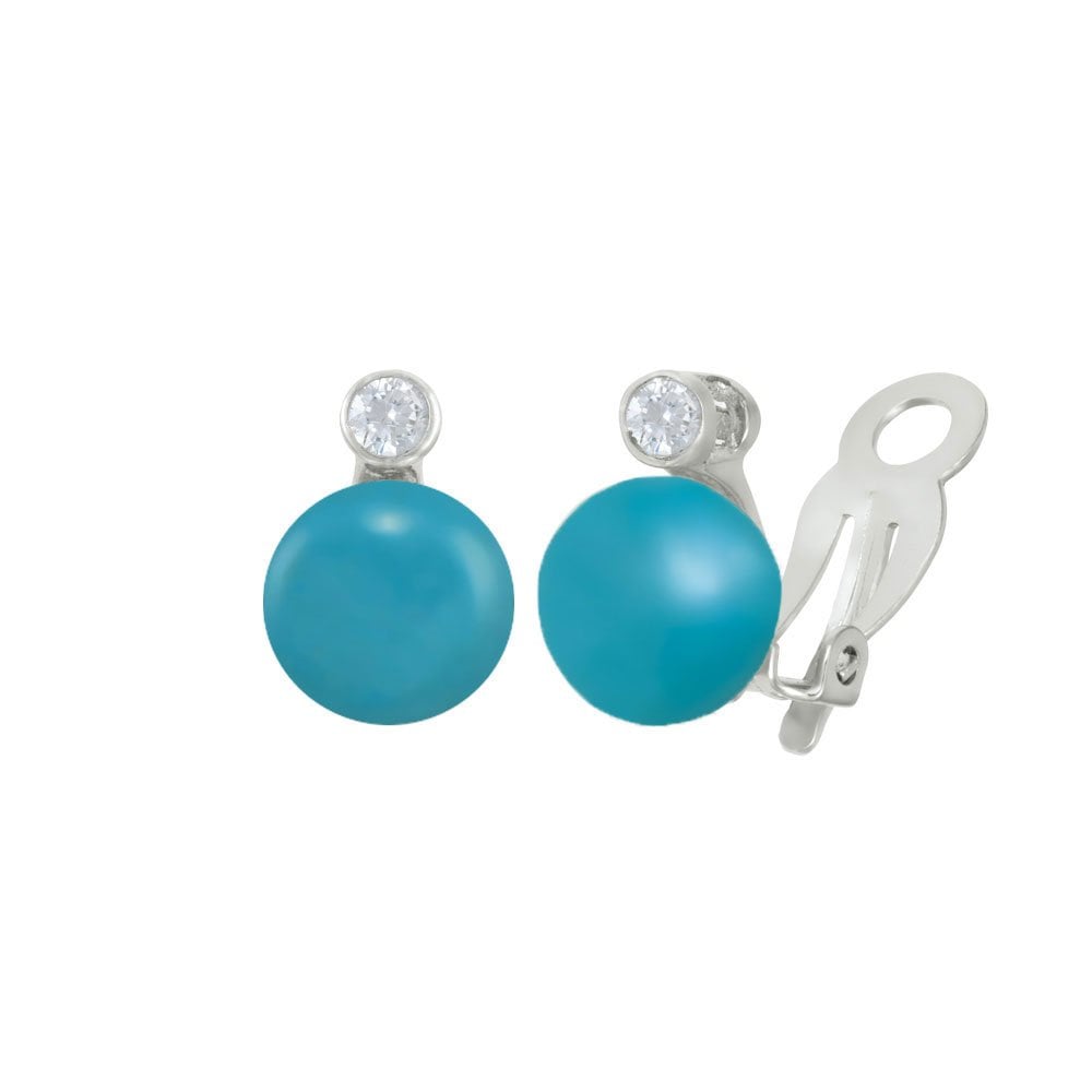 Concerto Turquoise and Cubic Zirconia Solitaire Sterling Silver Clip On Stud Earrings