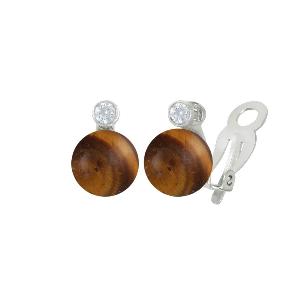 Concerto Tiger's Eye and Cubic Zirconia Solitaire Sterling Silver Clip On Stud Earrings