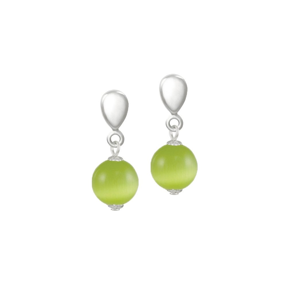 Melody Light Green Cats Eye Silver Tone Drop Clip On Earrings